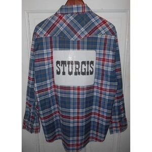 Sturgis HD Bling A Gogo Men Blue Plaid Shirt M Pearl Snaps Western Rodeo Cowboy